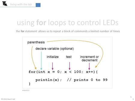 Using for loops to control LEDs living with the lab 1 1 arduino.cc the for statement allows us to repeat a block of commands a limited number of times.