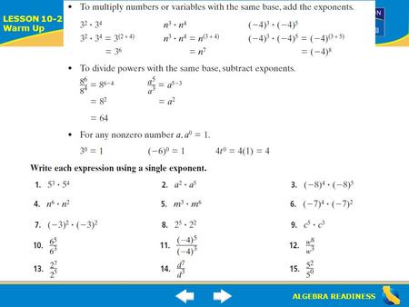 ALGEBRA READINESS LESSON 10-2 Warm Up Lesson 10-2 Warm-Up.