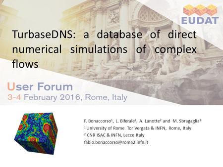 TurbaseDNS: a database of direct numerical simulations of complex flows F. Bonaccorso 1, L. Biferale 1, A. Lanotte 2 and M. Sbragaglia 1 1 University of.