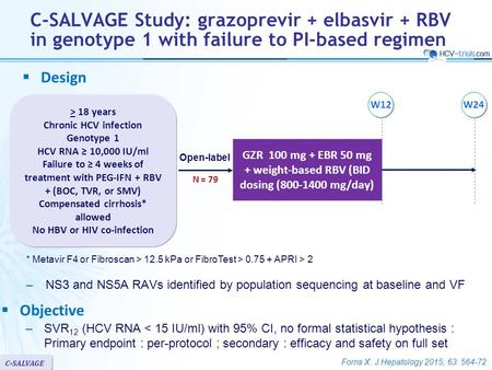 Forns X. J Hepatology 2015; 63: 564-72 C-SALVAGE Study: grazoprevir + elbasvir + RBV in genotype 1 with failure to PI-based regimen –NS3 and NS5A RAVs.