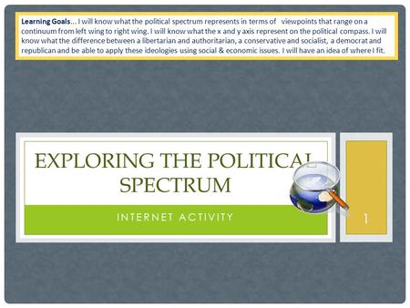Learning Goals... I will know what the political spectrum represents in terms of viewpoints that range on a continuum from left wing to right wing. I will.
