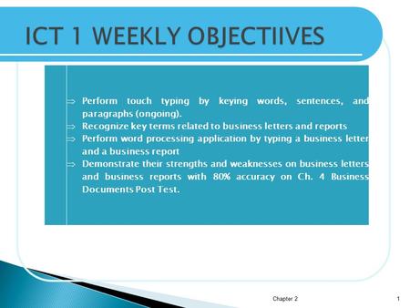  Perform touch typing by keying words, sentences, and paragraphs (ongoing).  Recognize key terms related to business letters and reports  Perform word.