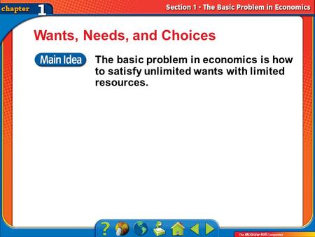 Section 1 Wants, Needs, and Choices The basic problem in economics is how to satisfy unlimited wants with limited resources.