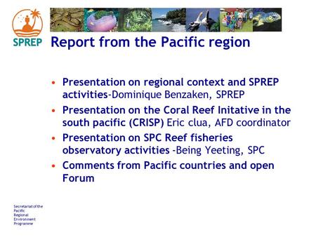 Secretariat of the Pacific Regional Environment Programme Report from the Pacific region Presentation on regional context and SPREP activities-Dominique.