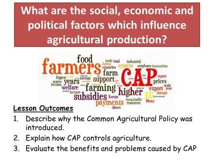 What are the social, economic and political factors which influence agricultural production? Lesson Outcomes 1.Describe why the Common Agricultural Policy.