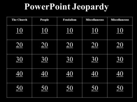 PowerPoint Jeopardy The ChurchPeopleFeudalismMiscellaneous 10 20 30 40 50.