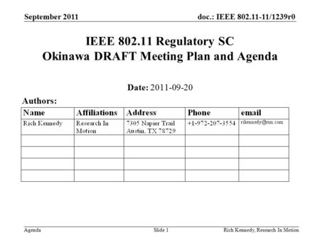 Doc.: IEEE 802.11-11/1239r0 Agenda September 2011 Rich Kennedy, Research In MotionSlide 1 IEEE 802.11 Regulatory SC Okinawa DRAFT Meeting Plan and Agenda.