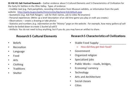 SS HW #2: Salt Festival Research – Gather evidence about 5 Cultural Elements and 5 Characteristics of Civilization for the Early EU Settlers in the Ohio.