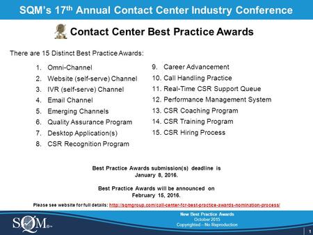 1 New Best Practice Awards October 2015 Copyrighted – No Reproduction SQM’s 17 th Annual Contact Center Industry Conference Contact Center Best Practice.