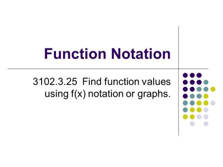 Function Notation 3102.3.25 Find function values using f(x) notation or graphs.