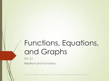 Functions, Equations, and Graphs Ch. 2.1 Relations and Functions EQ: How can I determine if a relation is a function? I will describe what makes a relation.