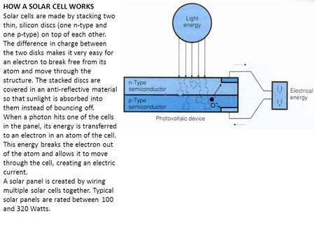 HOW A SOLAR CELL WORKS Solar cells are made by stacking two thin, silicon discs (one n-type and one p-type) on top of each other. The difference in charge.