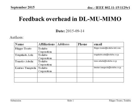 Submission doc.: IEEE 802.11-15/1129r1 September 2015 Filippo Tosato, ToshibaSlide 1 Feedback overhead in DL-MU-MIMO Date: 2015-09-14 Authors: