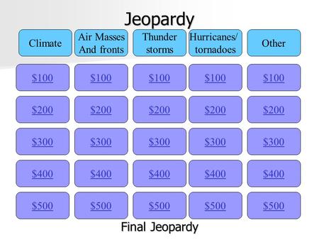 Jeopardy $100 Climate Air Masses And fronts Thunder storms Hurricanes/ tornadoes Other $200 $300 $400 $500 $400 $300 $200 $100 $500 $400 $300 $200 $100.