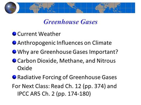 Greenhouse Gases Current Weather Anthropogenic Influences on Climate Why are Greenhouse Gases Important? Carbon Dioxide, Methane, and Nitrous Oxide Radiative.