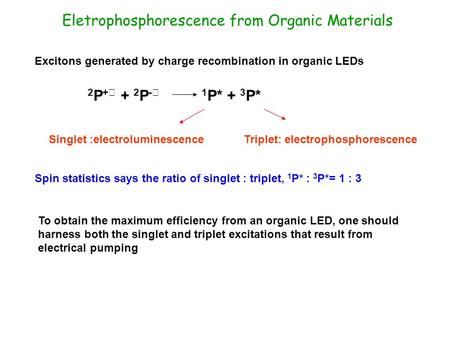 Eletrophosphorescence from Organic Materials Excitons generated by charge recombination in organic LEDs Spin statistics says the ratio of singlet : triplet,