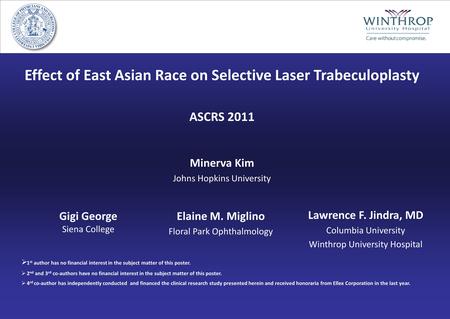 Effect of East Asian Race on Selective Laser Trabeculoplasty ASCRS 2011 Minerva Kim Johns Hopkins University Lawrence F. Jindra, MD Columbia University.