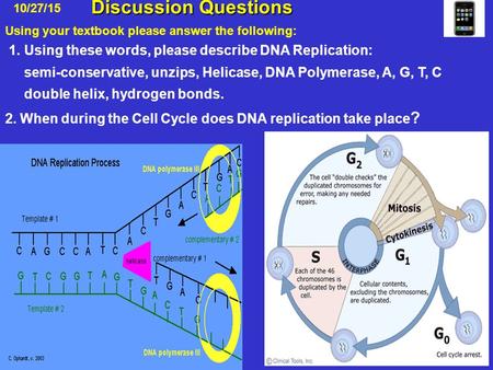 Discussion Questions Discussion Questions 10/27/15 1. Using these words, please describe DNA Replication: semi-conservative, unzips, Helicase, DNA Polymerase,