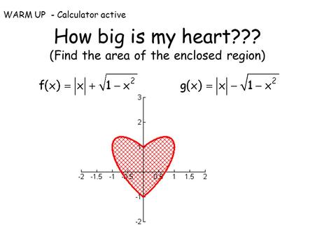 How big is my heart??? (Find the area of the enclosed region) WARM UP - Calculator active.