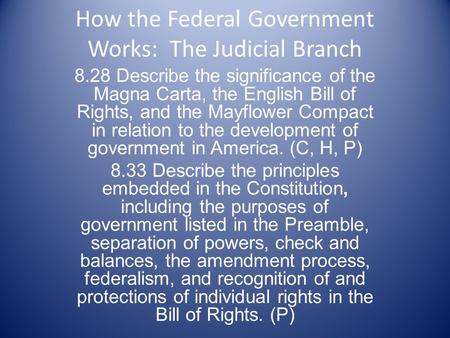 How the Federal Government Works: The Judicial Branch 8.28 Describe the significance of the Magna Carta, the English Bill of Rights, and the Mayflower.