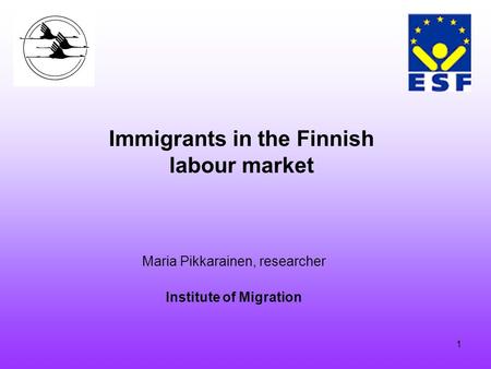 1 Immigrants in the Finnish labour market Maria Pikkarainen, researcher Institute of Migration.