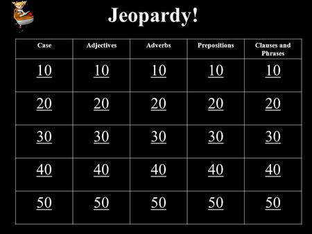 Jeopardy! CaseAdjectivesAdverbsPrepositionsClauses and Phrases 10 20 30 40 50.