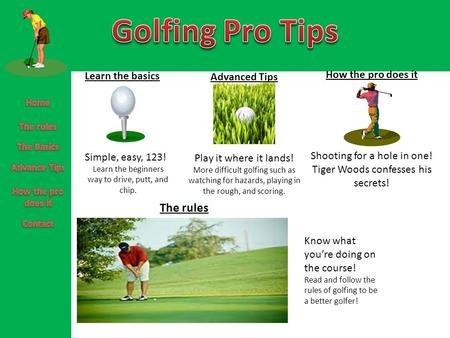 How the pro does it Shooting for a hole in one! Tiger Woods confesses his secrets! Learn the basics Simple, easy, 123! Learn the beginners way to drive,