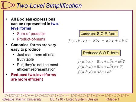  Seattle Pacific University EE 1210 - Logic System DesignKMaps-1 Two-Level Simplification All Boolean expressions can be represented in two- level forms.