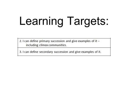 Learning Targets:. Succession Succession - the changes that take place in a community as it gets older Primary and Secondary Pioneer Community - the.