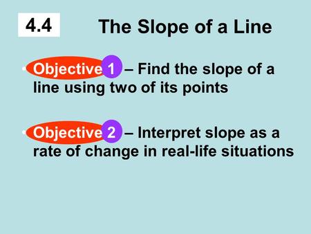 The Slope of a Line 4.4 Objective 1 – Find the slope of a line using two of its points Objective 2 – Interpret slope as a rate of change in real-life situations.