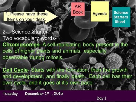 Tuesday December 1 st, 2015 Day 1 Tuesday December 1 st, 2015 Day 1 Science Starters Sheet 1. Please have these Items on your desk. AR Book 2- Science.
