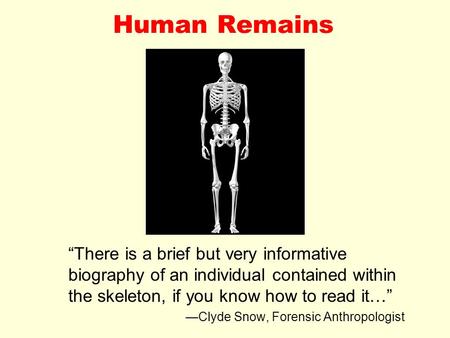 Human Remains “There is a brief but very informative biography of an individual contained within the skeleton, if you know how to read it…” —Clyde Snow,