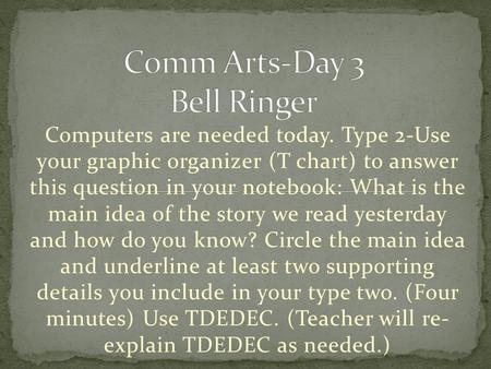 Computers are needed today. Type 2-Use your graphic organizer (T chart) to answer this question in your notebook: What is the main idea of the story we.