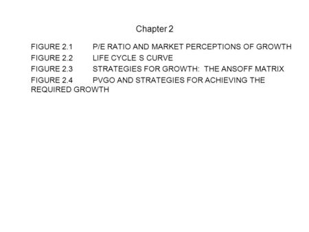 Chapter 2 FIGURE 2.1P/E RATIO AND MARKET PERCEPTIONS OF GROWTH FIGURE 2.2LIFE CYCLE S CURVE FIGURE 2.3STRATEGIES FOR GROWTH: THE ANSOFF MATRIX FIGURE 2.4PVGO.