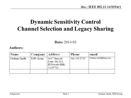 Doc.: IEEE 802.11-14/0294r1 Submission Dynamic Sensitivity Control Channel Selection and Legacy Sharing Date: 2014-03 Authors: Graham Smith, DSP GroupSlide.