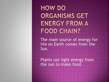 The main source of energy for life on Earth comes from the Sun. Plants use light energy from the sun to make food.