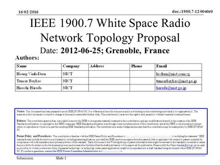 Doc.:1900.7-12/0040r0 SubmissionSlide 1 16/02/2016 Slide 1 IEEE 1900.7 White Space Radio Network Topology Proposal Notice: This document has been prepared.