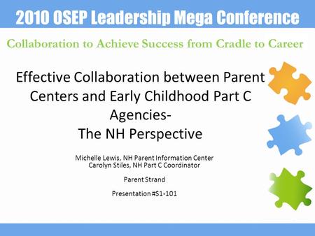 2010 OSEP Leadership Mega Conference Collaboration to Achieve Success from Cradle to Career Effective Collaboration between Parent Centers and Early Childhood.