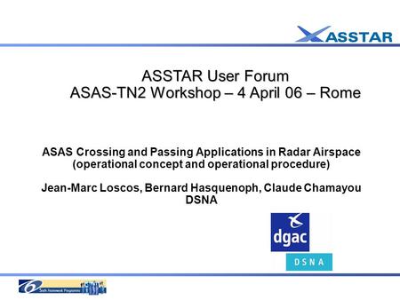 ASAS Crossing and Passing Applications in Radar Airspace (operational concept and operational procedure) Jean-Marc Loscos, Bernard Hasquenoph, Claude Chamayou.