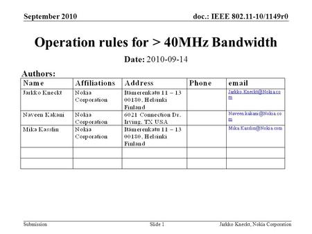Doc.: IEEE 802.11-10/1149r0 Submission September 2010 Jarkko Kneckt, Nokia CorporationSlide 1 Operation rules for > 40MHz Bandwidth Date: 2010-09-14 Authors: