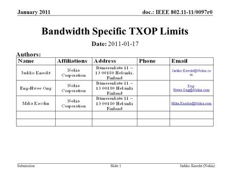 Doc.: IEEE 802.11-11/0097r0 SubmissionJarkko Kneckt (Nokia)Slide 1 Bandwidth Specific TXOP Limits Date: 2011-01-17 Authors: January 2011.