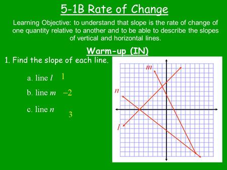 5-1B Rate of Change Warm-up (IN) Learning Objective: to understand that slope is the rate of change of one quantity relative to another and to be able.