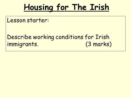 Housing for The Irish Lesson starter: Describe working conditions for Irish immigrants.(3 marks)