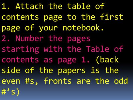1. Attach the table of contents page to the first page of your notebook. 2. Number the pages starting with the Table of contents as page 1. (back side.