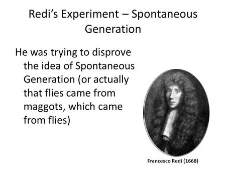 Redi’s Experiment – Spontaneous Generation He was trying to disprove the idea of Spontaneous Generation (or actually that flies came from maggots, which.