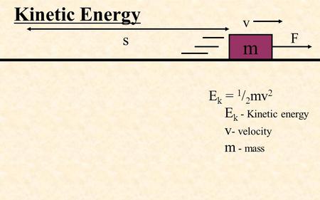 Kinetic Energy m s F v E k = 1 / 2 mv 2 E k - Kinetic energy v - velocity m - mass.