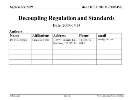 Doc.: IEEE 802.11-09/0845r1 Submission September 2009 Peter Ecclesine, Cisco SystemsSlide 1 Decoupling Regulation and Standards Date: 2009-07-14 Authors:
