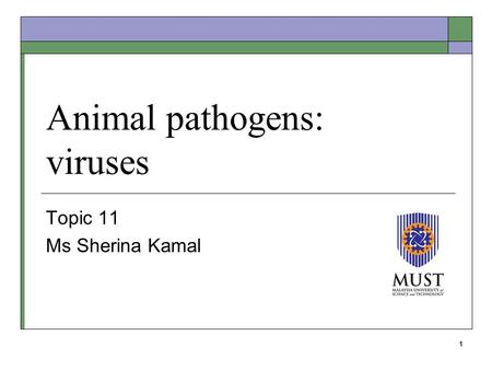 1 Animal pathogens: viruses Topic 11 Ms Sherina Kamal.