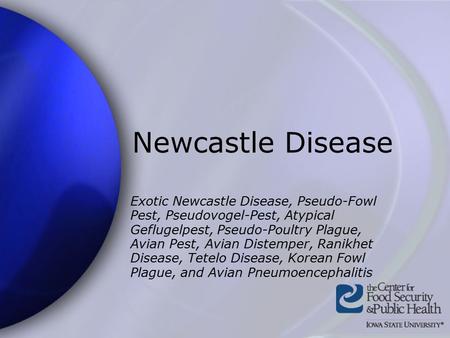 Newcastle Disease Exotic Newcastle Disease, Pseudo-Fowl Pest, Pseudovogel-Pest, Atypical Geflugelpest, Pseudo-Poultry Plague, Avian Pest, Avian Distemper,