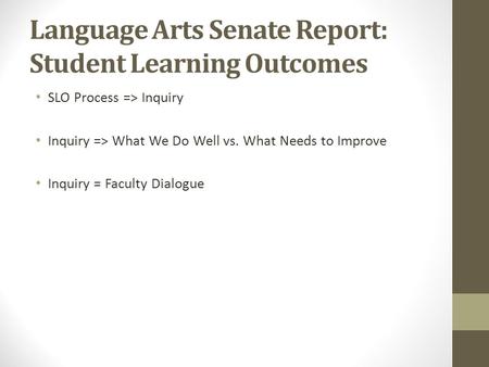 Language Arts Senate Report: Student Learning Outcomes SLO Process => Inquiry Inquiry => What We Do Well vs. What Needs to Improve Inquiry = Faculty Dialogue.